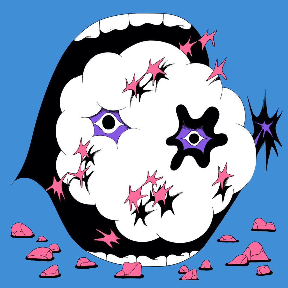 Disembodied mouth emitting a cloud with eyes.