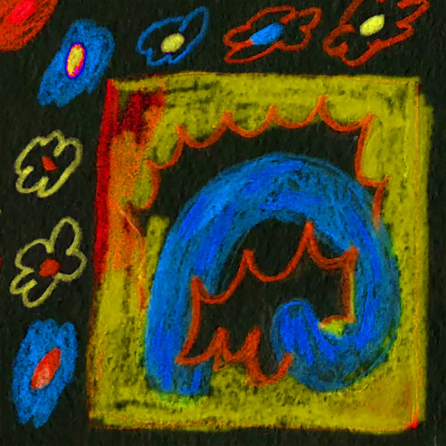 Yellow square, blue spiral, and primary color flowers on a black background