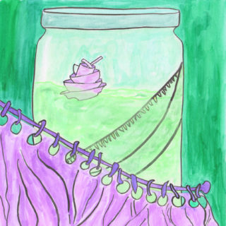Green jar containing floating dishes behind purple curtain