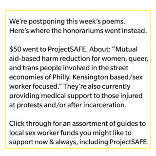 We're postponing this week's poems. Here's where the honorariums went instead. $50 went to ProjectSAFE. About: "Mutual aid-based harm reduction for women, queer, and trans people involved in the street economies of Philly. Kensington based/sex worker focused." They're also currently providing medical support those injured at protests and/or after incarceration. Click through for an assortment of guides to local sex worker funds you might like to support now & always, including ProjectSAFE.