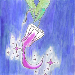 Pink tampon emitting sparkles, held by green hand on lavender background