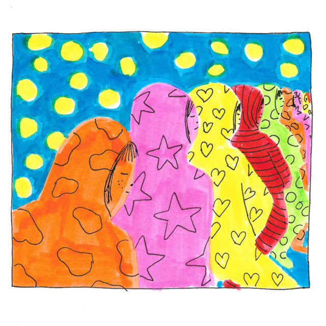 Backs of people standing in line wearing cloud, star, and a heart-printed colorful robes