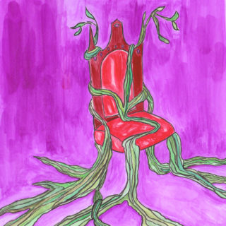 Red chair covered in vines on purple background