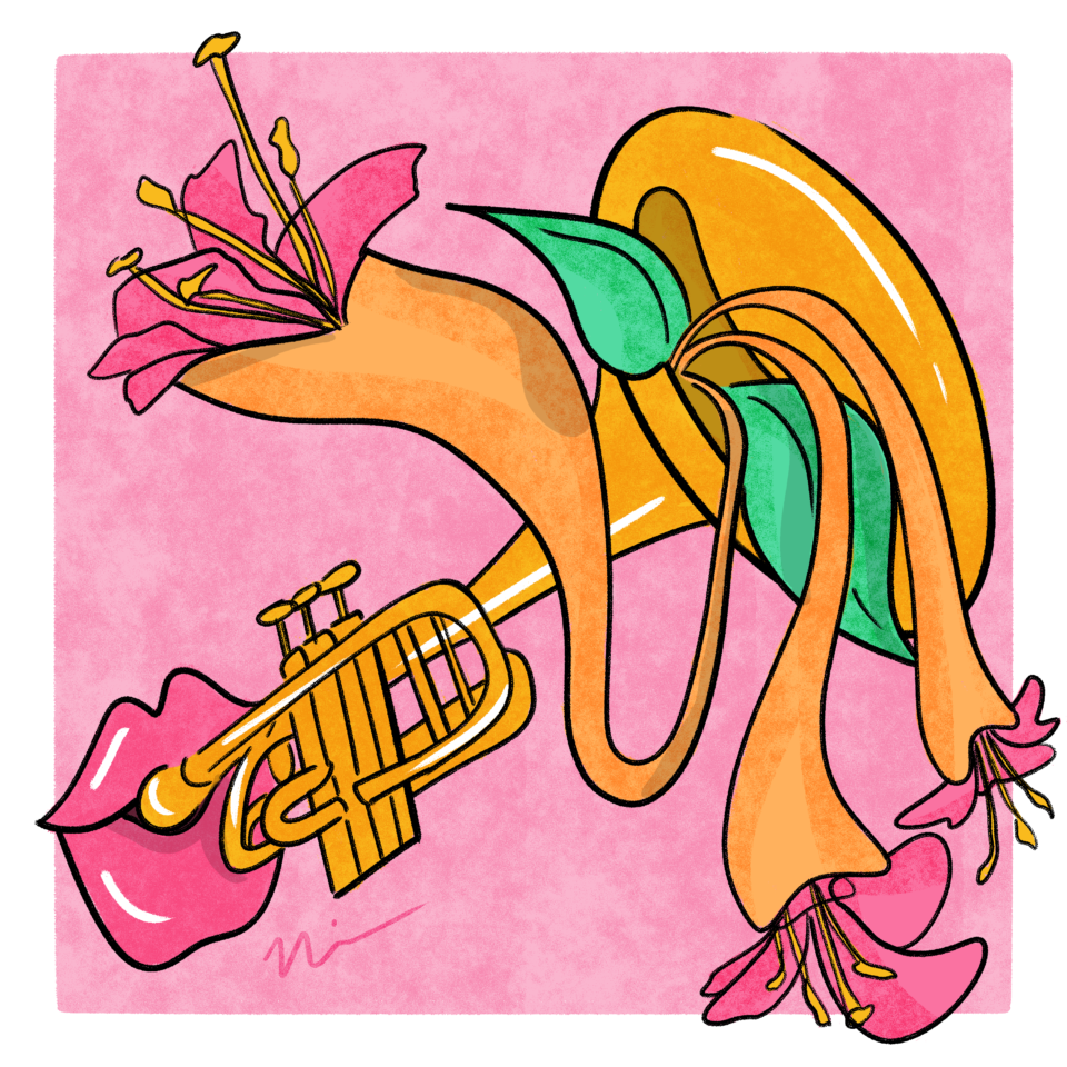 Illustration by Nia Chavez; lips play a trumpet filled with flowers.