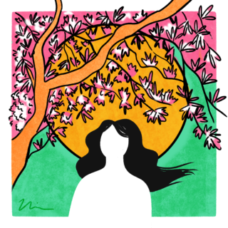 Illustration by Nia Chavez; outline of a person against the sun and cherry blossoms.