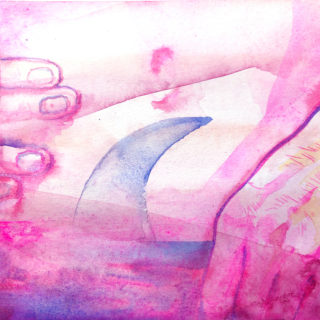 Pink hands against pink and purple shapes in watercolor