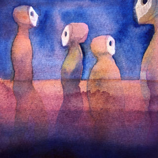 Hooded figures in watercolor