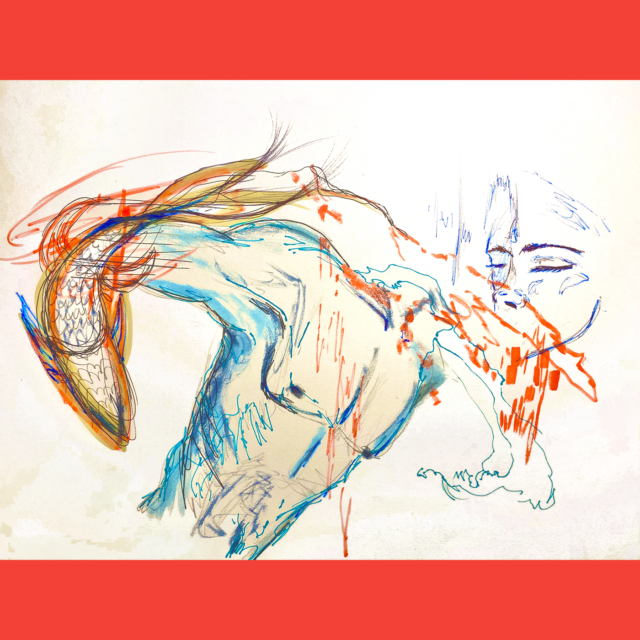 Colorful sketch of male torso, faces