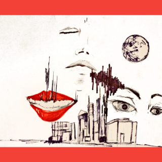 Red lips and sketched faces on a city skyline