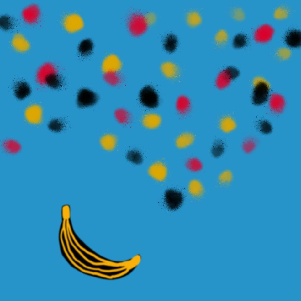 Illustration of banana on light blue background with primary color polka dots