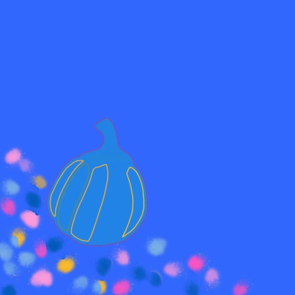 Illustration of gourd on blue background with primary color polka dots