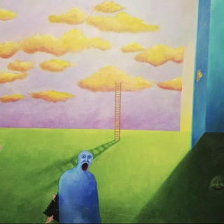 Surrealist painting by Sarah Waddle depicting a blue figure screaming on grass, with yellow clouds in a pink sky