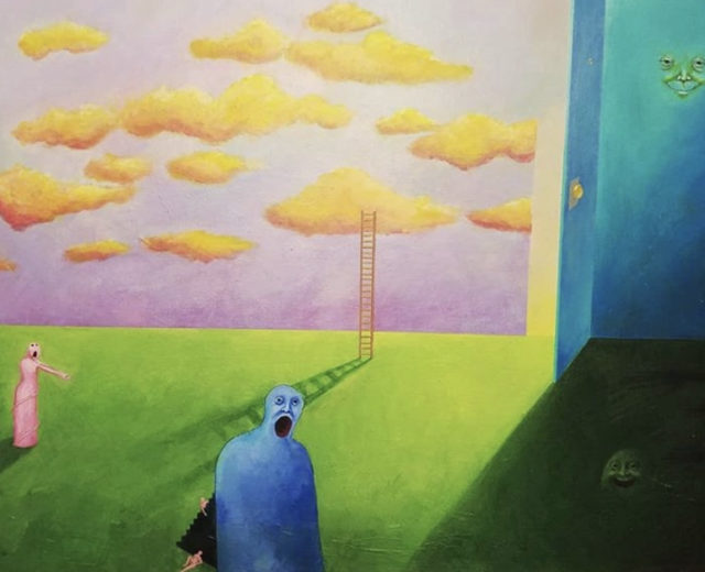 Surrealist painting by Sarah Waddle depicting a blue figure screaming on grass, with yellow clouds in a pink sky