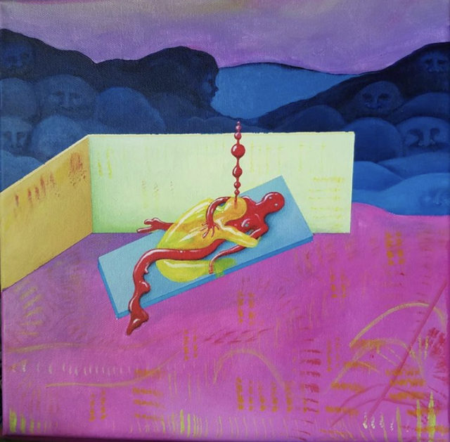 Surrealist painting by Sarah Waddle depicting two entwined figures in a colorful, geometric setting