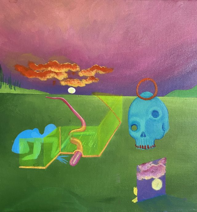 Surrealist painting by Sarah Waddle with several figures including a blue skull and red clouds