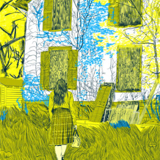 Illustration of back of a woman staring at a boarded up house