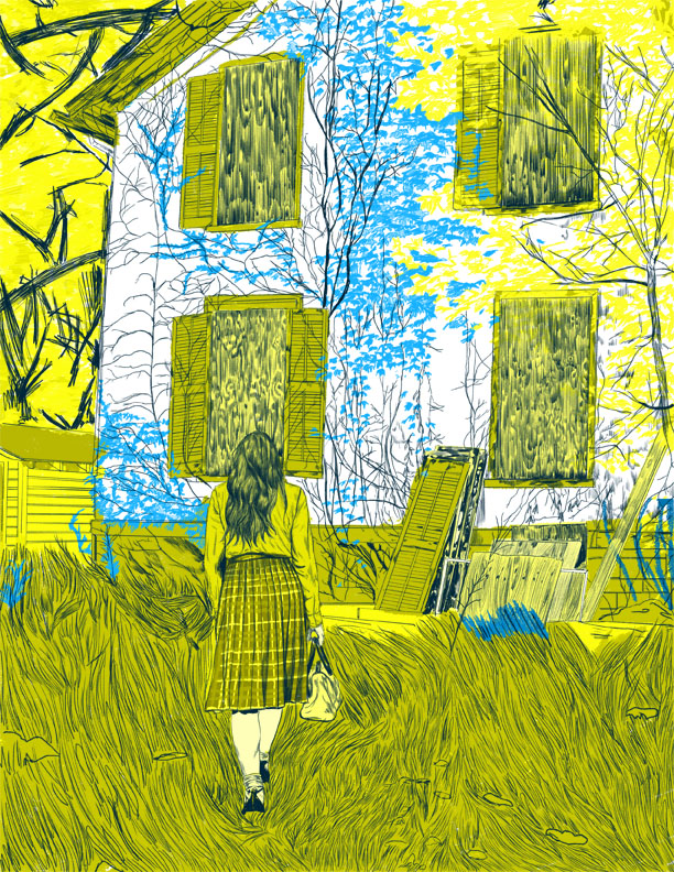 Illustration of back of a woman staring at a boarded up house