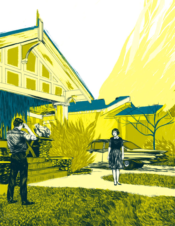 Illustration of man taking photo of a woman in front of a house on fire