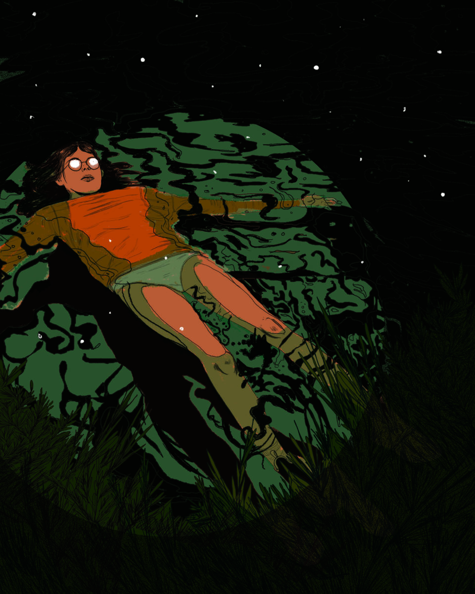 Illustration of person floating in dark water