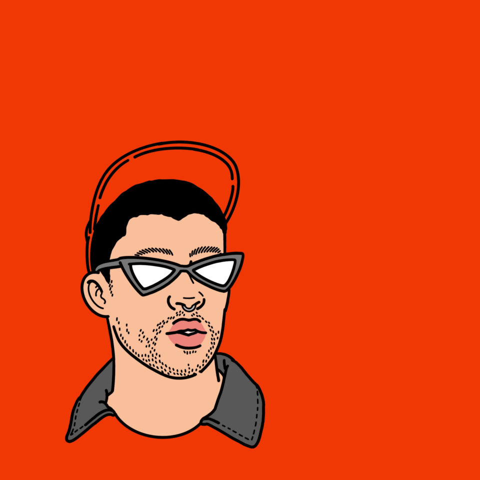 Illustration of Bad Bunny against red background