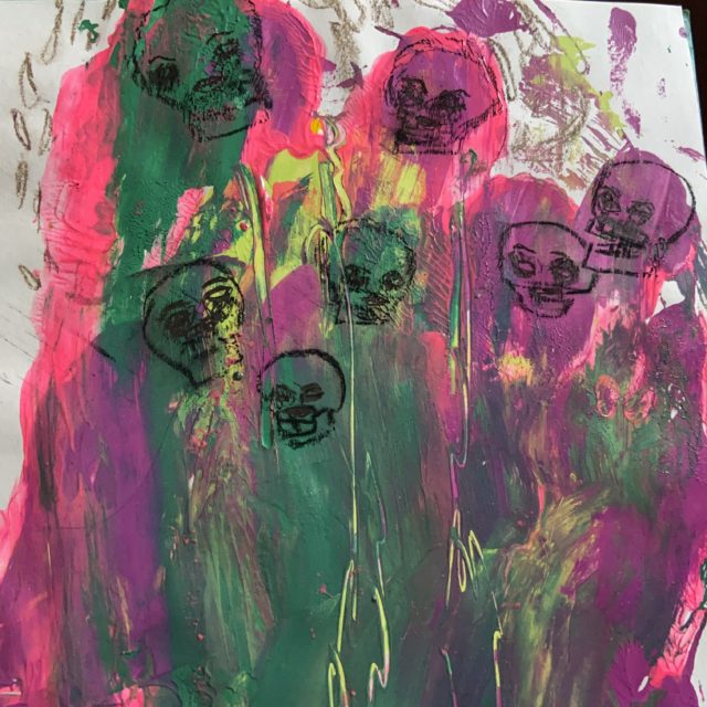 Abstract painting unpick, green, yellow and purple with black outlines of skulls overlaid, by Laura Larson