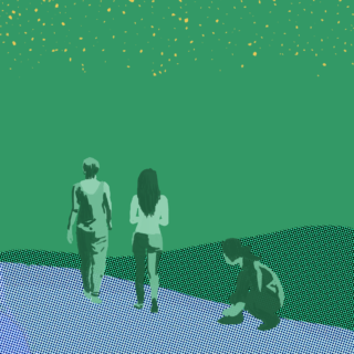 Drawings of two people standing facing away and one kneeling, on blue ground with green sky