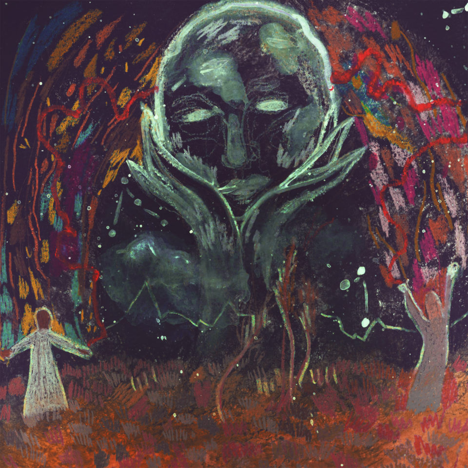 Illustration of two small figures standing on the ground in the night, larger figure outlined in green in the night sky behind them.