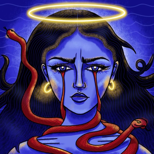 Blue person with long hair, glowing halo and earrings, red snakes around their neck and dripping from their eyes