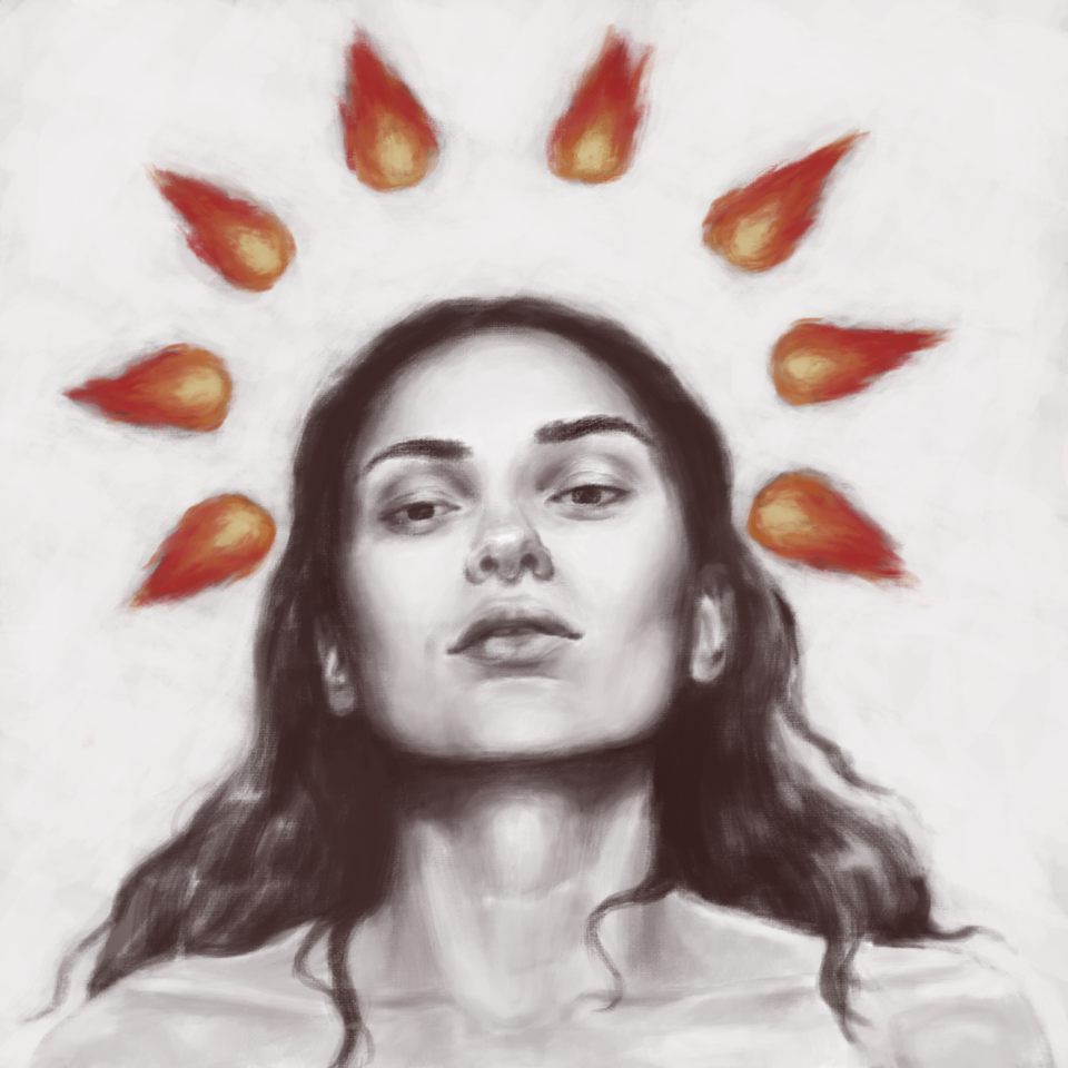 Black and white portrait of a woman with red flame halo surrounding her head