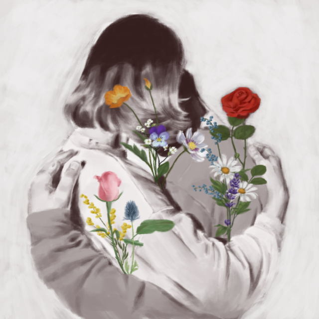 Black and white illustration of two people hugging, colorful flowers grow in front
