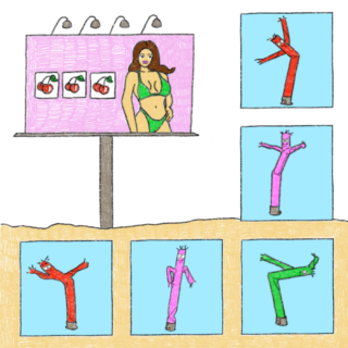 Pink billboard advertising a woman in a green bikini and 3 slot machine cherries, surrounded by blue squares filled with inflatable waving arms tube men