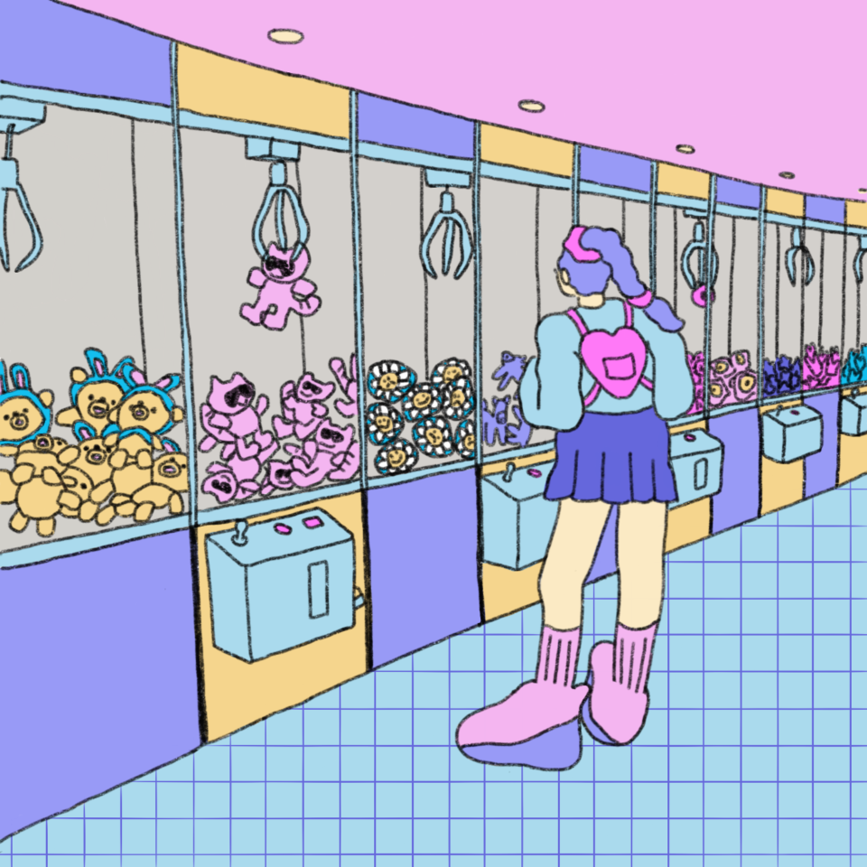 Person wearing a blue sweater and skirt, pink mini backpack, and purple hair in a ponytail stares at an infinite row of claw machines filled with various toys, bears and bunny rabbits and one pink raccoon held in the claw