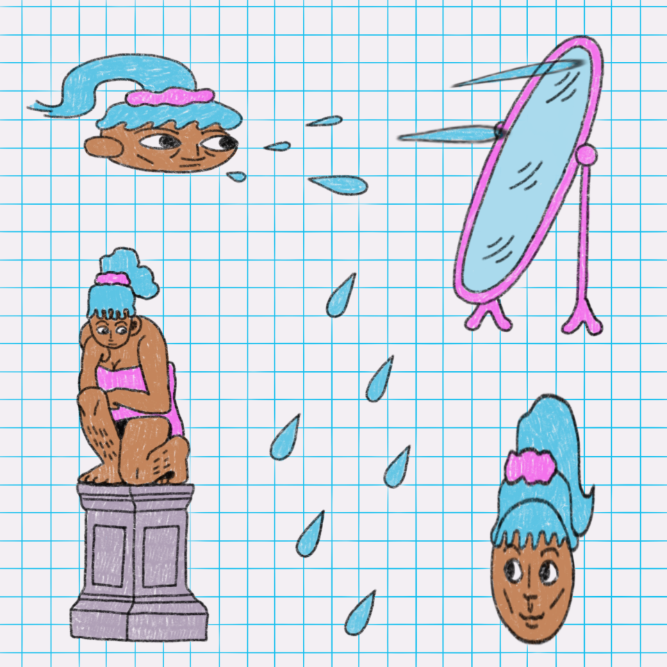 Blue ponytailed figure in pink bikini cries into a mirror, squats on a pedestal, and observes themself on the pedestal, on a blue graphing paper background