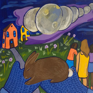 Illustration of a brown rabbit held in blue mittens. Some colorful houses, people, and the phases of the moon across the night sky in the background.