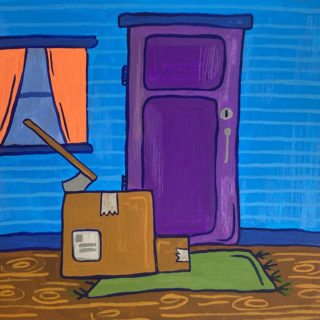 Illustration of a package with an axe in it, sitting in front of a purple door