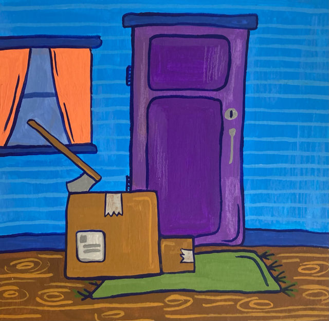 Illustration of a package with an axe in it, sitting in front of a purple door