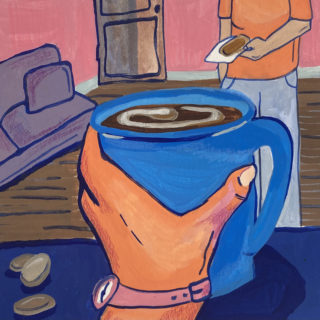 Illustrated close up of a hand holding a blue mug in a living room, person standing in background holding slice of toast with peanut butter