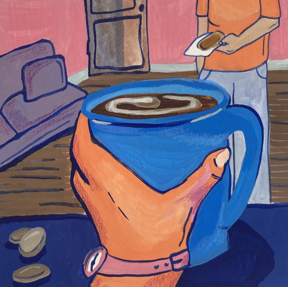 Illustrated close up of a hand holding a blue mug in a living room, person standing in background holding slice of toast with peanut butter