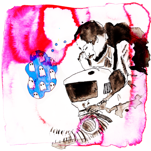 Illustration of a person crouched over a machine on pink background. Blue thought bubble filled with ghosts.