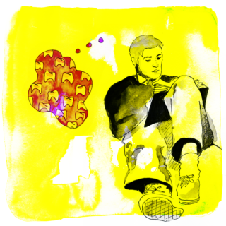 Illustration of person sitting on yellow background. Red thought bubble filled with teeth.
