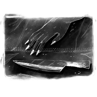 Black and white illustration of a hand reaching for a knife