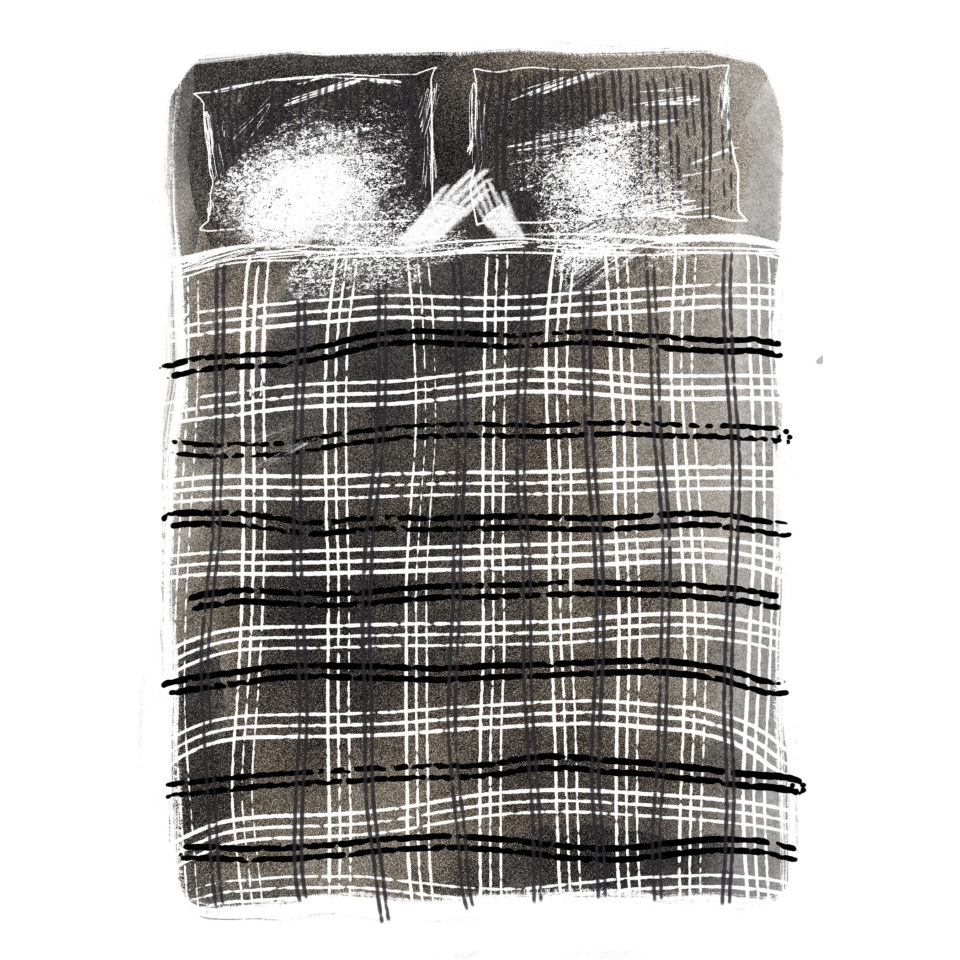 Black and white illustration of two figures in a bed covered with plaid blanket