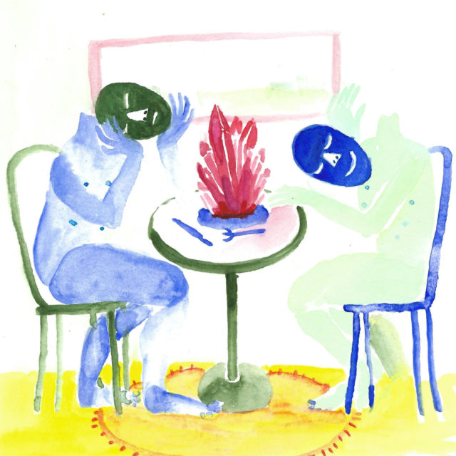 Illustration of two figures, blue and green, sitting at a table with a red crystal on top