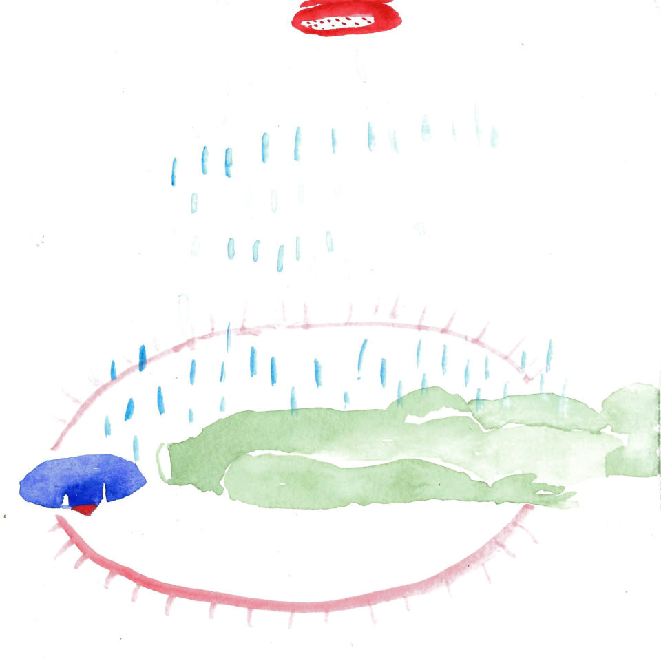 Illustration of a green and blue figure face down as water drops from a red shower head fall onto their back