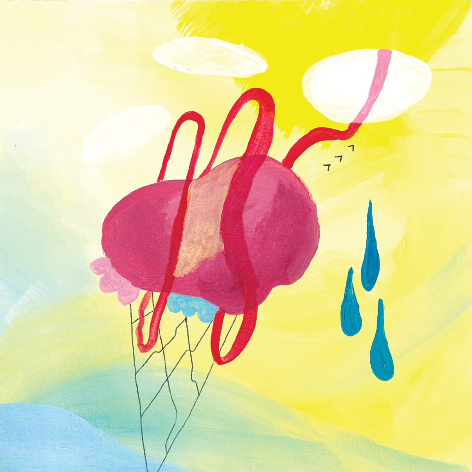 Painting of red melting ice cream and blue drops of water on a yellow background