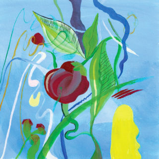 Painting of green leaves and red fruit on a blue background
