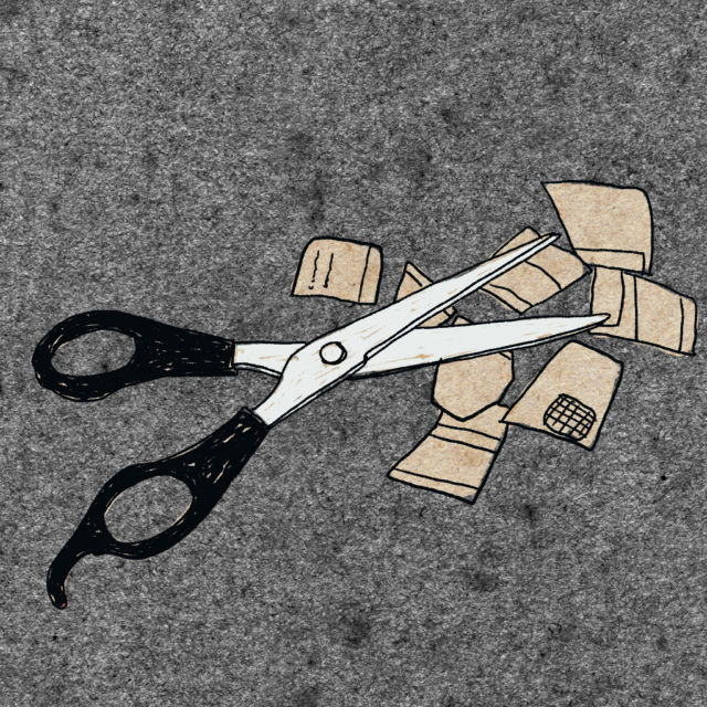 Illustration of black handled scissors cutting up a credit card