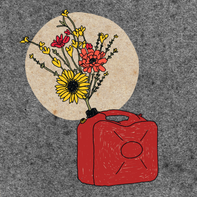 Flowers in a red gasoline can against a grey background and a pale full moon