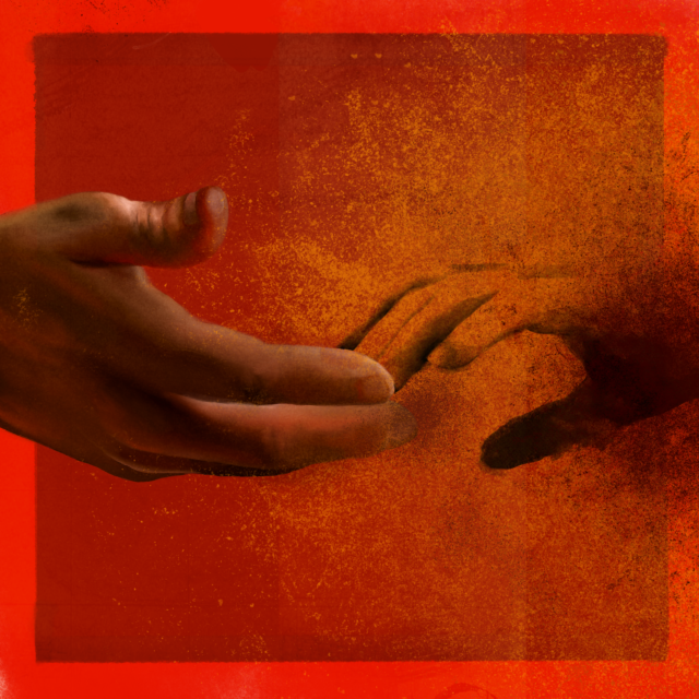 Painting of hands reaching for one another on red background