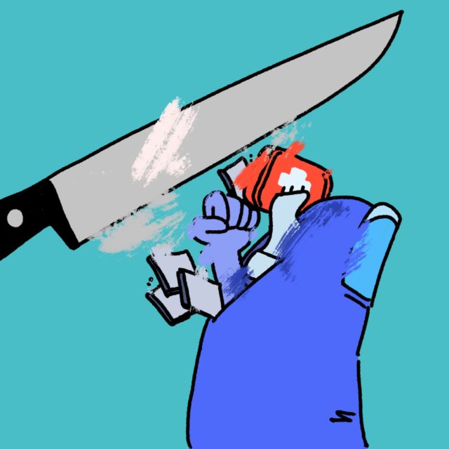 Illustration of a blue fist and a red first aid kid rising out of a blue thumb to meet a steak knife